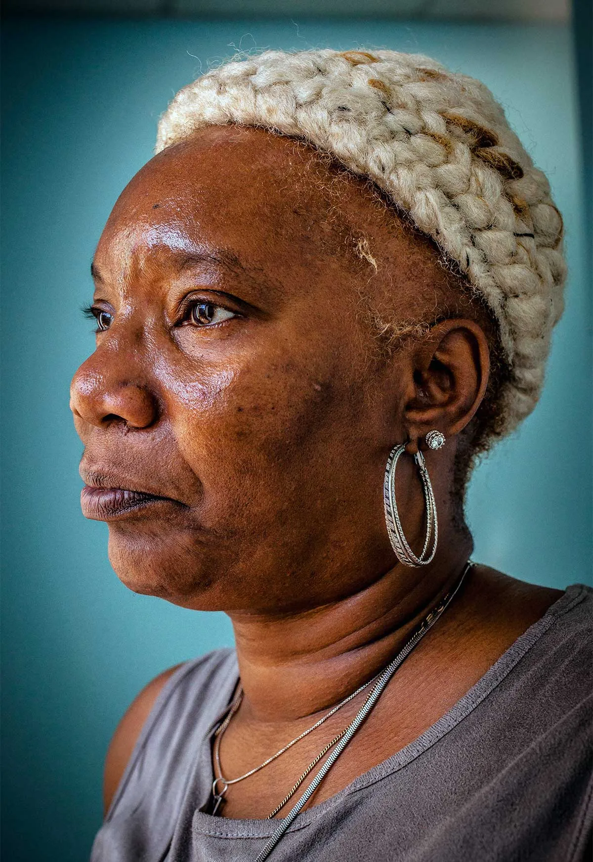 The side profile of an old woman.